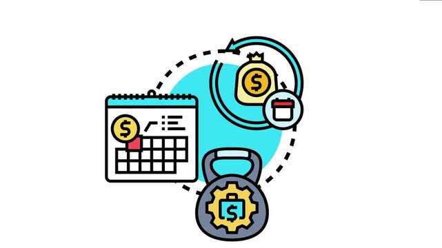 Monthly payment plan concept scheduled financial obligations with a calendar, money bag, and a weight symbolizing the commitment and recurring expenses