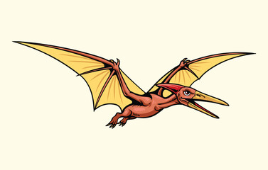 Detailed retro illustration of a reddish brown Pteranodon flying dinosaur with spread wings © harrisaputra