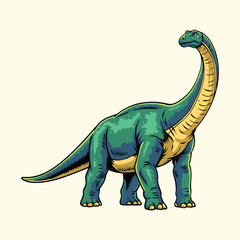 Detailed retro illustration of a large green Brachiosaurus long neck herbivore dinosaur © harrisaputra