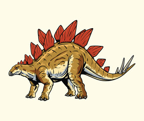 Detailed retro illustration of a Stegosaurus dinosaur with red plates on its back. © harrisaputra