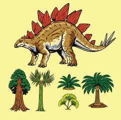 Detailed retro illustration set of plated Stegosaurus dinosaur with red plates and prehistoric trees © harrisaputra