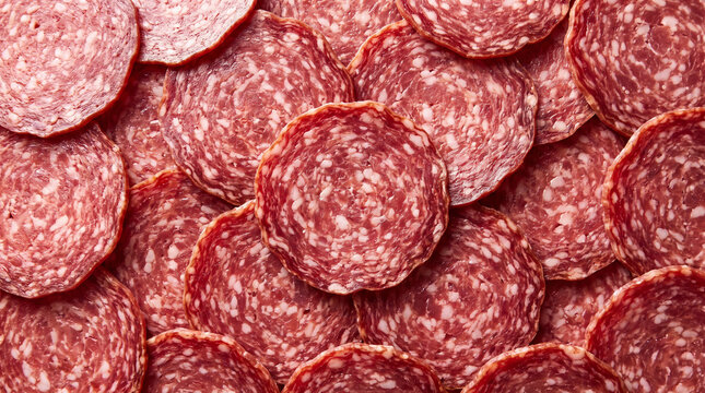 Salami slices display red textures and white fat patterns in a close-up composition.