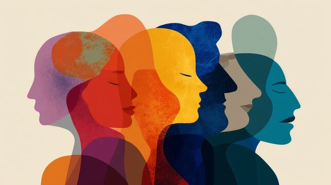Abstract illustration of diverse personalities, human behavior, individuality, unique character traits, emotions, feelings, self expression, different perspectives, identity, inclusion, and human conn