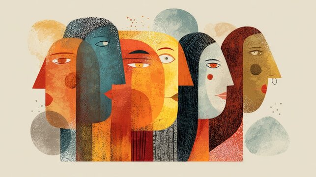 Abstract illustration of diverse personalities, human behavior, individuality, unique character traits, emotions, feelings, self expression, different perspectives, identity, inclusion, and human conn