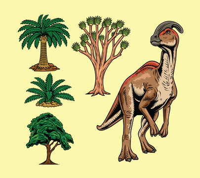 Detailed retro illustration set of Parasaurolophus duck billed dinosaur with prehistoric trees and palms