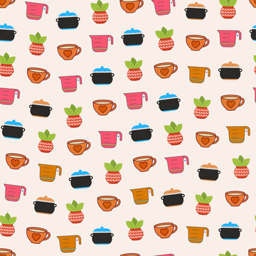 Kitchenware and decorative pot seamless pattern