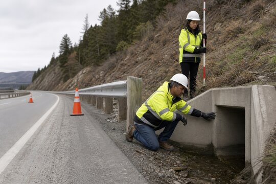 Road culvert inspection with a kneeling inspector and measuring rod on a protected shoulder