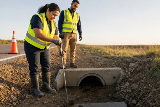 Road culvert inspection team checking deposited sediment at a county inlet