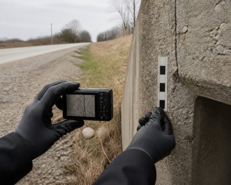 Road culvert inspection hands photographing a narrow headwall crack beside a scale reference