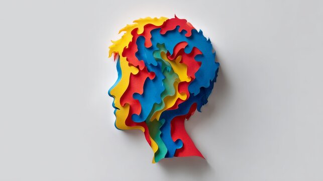 Colorful paper cut puzzle head concept representing childhood creativity, diverse thinking, imagination, learning, emotional development, individuality, inclusion, and unique perspectives on a vibrant