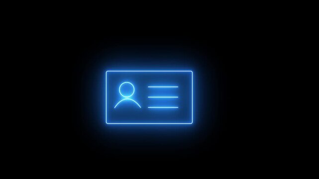 Glowing neon blue icon of an identification card displaying a profile avatar and text lines against a black background. Animated digital ID verification pass, user profile card callout.