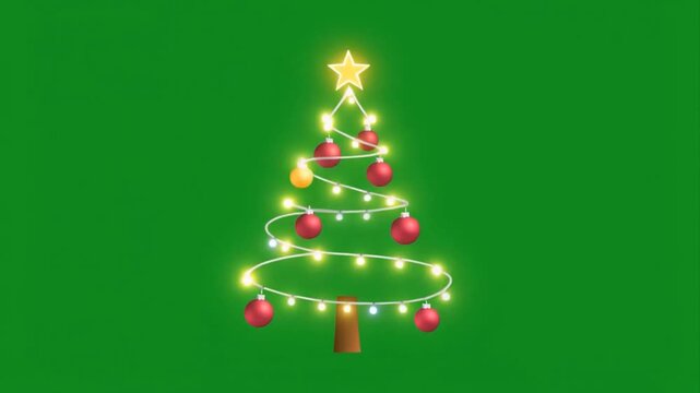 A cheerful animated Christmas tree with bouncy round ornaments and a twinkling star on top, isolated on green screen chroma key