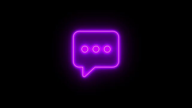 Glowing neon purpleicon of a rounded speech bubble containing three horizontal ellipses dots against a black background. Animated typing indicator, active chat message loading status, incoming respons