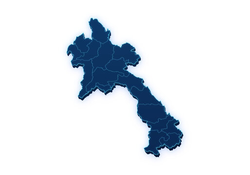 Neon blue pseudo 3D map of Lao PDR with administrative regions isolated on transparent background