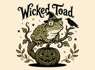 Fototapeta premium Vintage Wicked Toad Halloween Vector Illustration, Retro Witch Frog with Pumpkin and Raven, Spooky Gothic Cottagecore Emblem Design