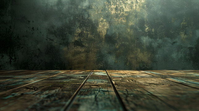 Old wooden table surface with weathered and peeling wall background in dim lighting with textured wall low lighting contrasts deteriorating textured surface texture uneven surface