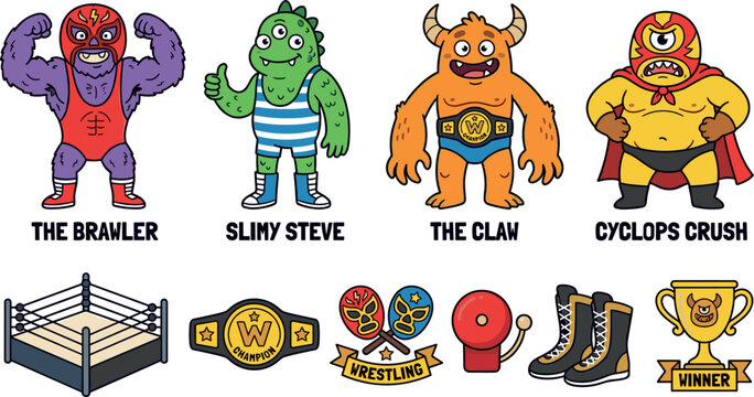 Cute Monster Wrestling Character Vector Set Featuring Lucha Libre Luchador Fighters, Championship Belt, Ring, Trophy, Boots, Bell, and Funny Cartoon Mascots