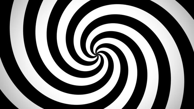 Monochrome hypnotic swirl forms a curved geometric pattern across the frame.