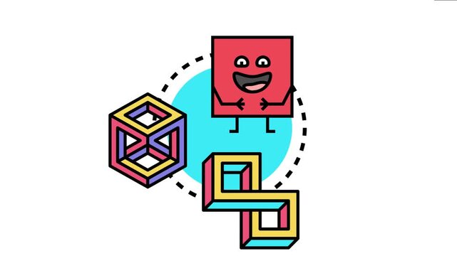Smiling red square mascot standing on a blue circle, surrounded by colorful impossible objects, bringing creativity, problem solving, and abstract thinking concepts to life