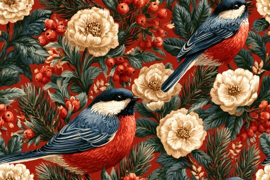 Seamless Nordic folk Christmas pattern with winter flowers, pine branches, berries and songbirds, symmetrical Scandinavian painting style in rust red, forest green, muted blue, mustard and cream