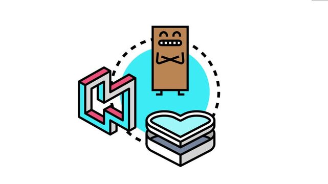 Abstract presenting a rectangular character, an impossible geometric cube, and a heart shape, symbolizing various concepts of design and emotion
