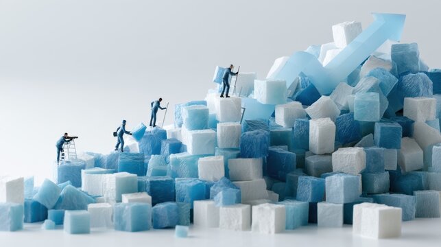 A group of tiny business people climbing an abstract staircase made of ice cubes, signifying progress and growth. The staircase ascends upwards, with an arrow shape at the top.