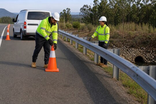 Road culvert inspection team preparing a protected highway-shoulder work zone