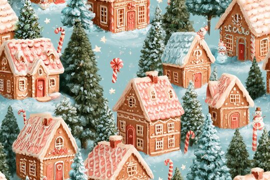 Seamless pastel Christmas pattern with gingerbread houses, snowy trees, tiny snowmen, candy canes and stars, dreamy watercolor in blush pink, mint, blue and cream