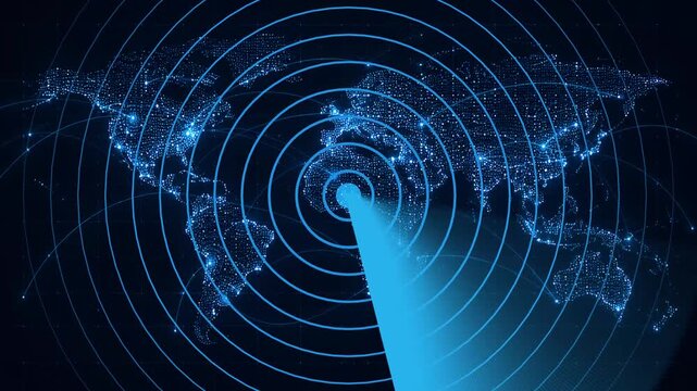 Glowing blue radar screen featuring a rotating 360-degree sweep beam over concentric target rings and a dotted digital world map background. Animated global sonar tracker, military satellite .