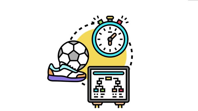 Collection of sports elements including a soccer ball. Athletic shoe. Stopwatch. And a tournament bracket on a screen. the concepts of game strategy. Performance tracking