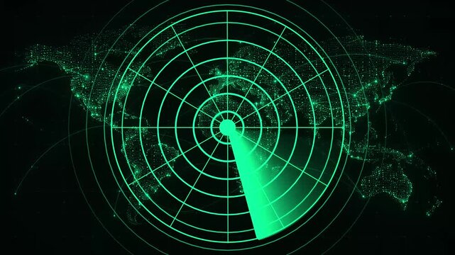 Glowing radar screen featuring a rotating 360-degree sweep beam over concentric target rings and a dotted digital world map background. Animated global sonar tracker, military satellite .