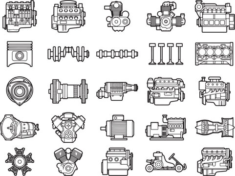 Collection of various engine parts and internal combustion engines, presented as clean line art illustrations.