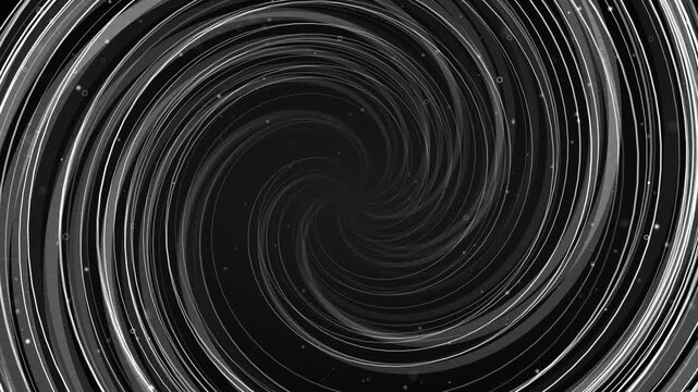 Monochrome white spiral vortex streaming into center, abstract futuristic particle tunnel, clean minimalist optical illusion energy rotation, modern digital corporate video presentation displays
