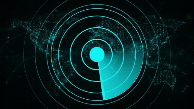 Glowing cyan radar screen featuring a rotating 360-degree sweep beam over concentric target rings and a dotted digital world map background. Animated global sonar tracker, military satellite .
