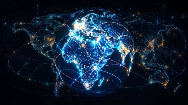 Digital 3D wireframe render of a rotating planet Earth illuminated with vibrant multicolor neon node clusters interconnected by glowing arc communication routes, against a dark space background .