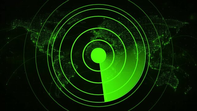 Glowing green radar screen featuring a rotating 360-degree sweep beam over concentric target rings and a dotted digital world map background. Animated global sonar tracker, military satellite .