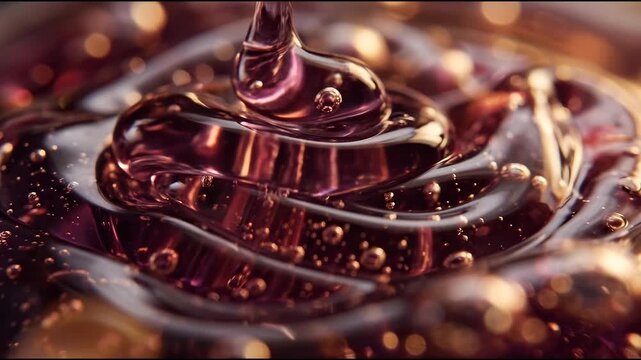 Luxury soap formulation is portrayed through translucent deep-plum glycerin gel with delicate abstract material background
