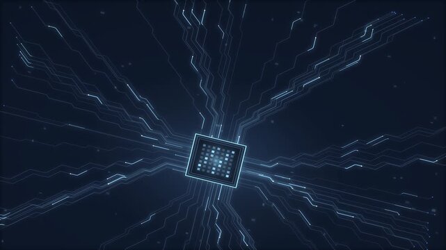 Digital microprocessor glowing with circuit board pathways and data