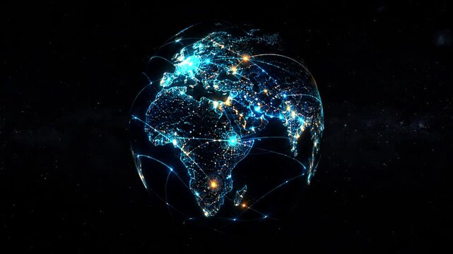 Digital 3D wireframe render of a rotating planet Earth illuminated with vibrant multicolor neon node clusters interconnected by glowing arc communication routes, against a dark space background .
