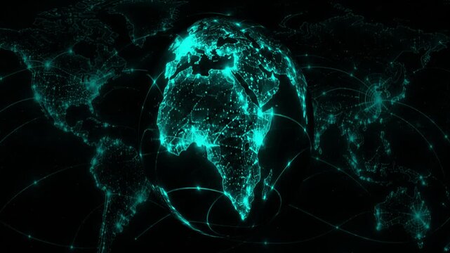 Digital 3D wireframe render of a rotating planet Earth illuminated with vibrant multicolor neon node clusters interconnected by glowing arc communication routes, against a dark space background .