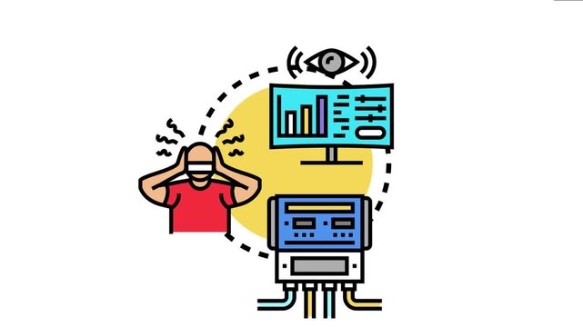 Eye icon observing a distressed person and data on a monitor, with a server processing information, system surveillance for detecting abnormal patterns and threats