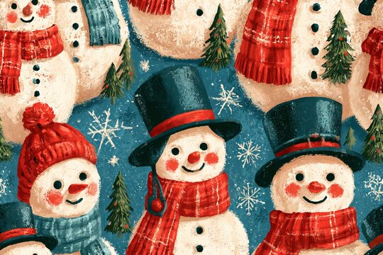 Seamless retro Christmas pattern with cheerful snowmen in colorful scarves and hats, snowflakes and tiny evergreen trees, cherry red, icy blue, pine green and cream, vintage storybook illustration