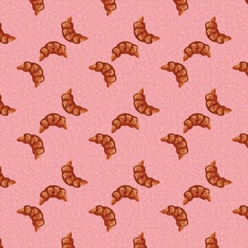 Cute seamless pattern with smiling croissants on pink background, sweet pastry vector illustration for textile fabric, wrapping paper, and bakery background.