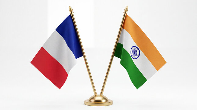 Miniature table flags of France and India together on a golden stand against a white background