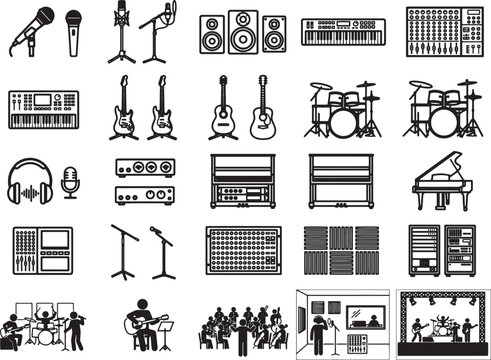 Collection of graphic icons representing musical instruments and audio equipment, featuring microphones, speakers, keyboards, guitars, drums, and a grand piano.