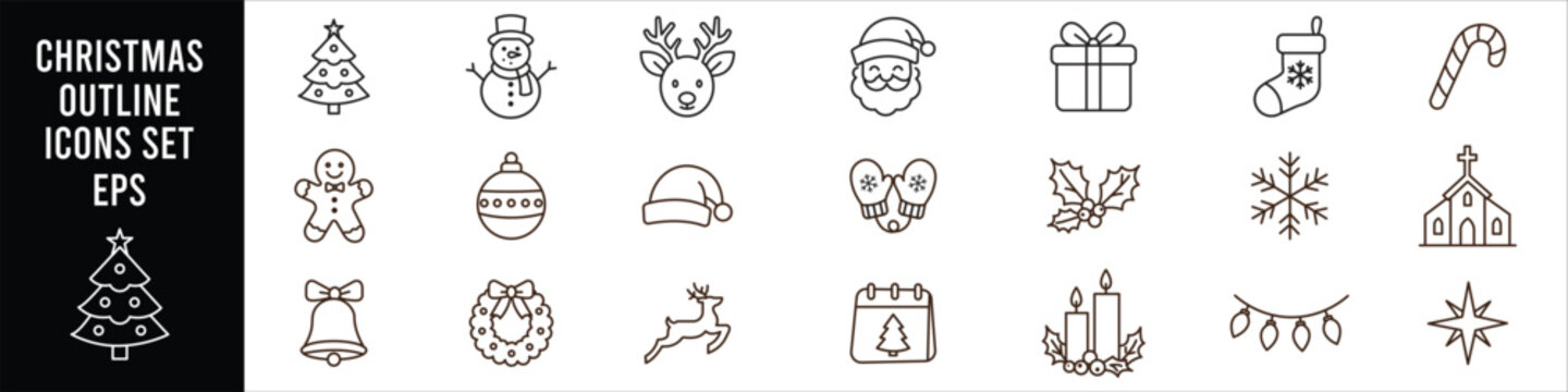 Christmas outline icon set featuring decorated tree snowman reindeer Santa gift stocking candy cane ornaments bells wreath holly snowflake and festive symbols
