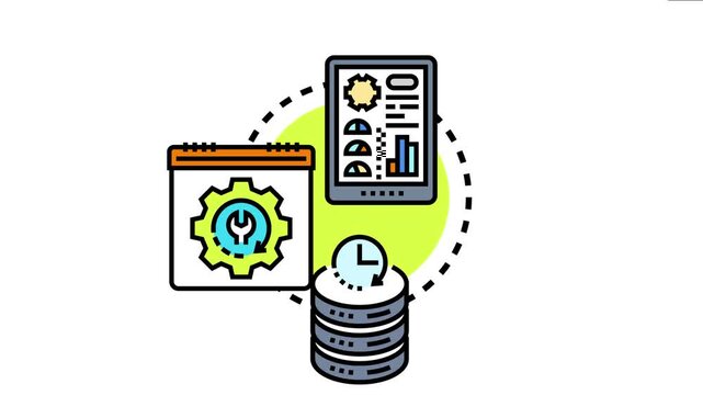 Business data analysis process involving a tablet displaying charts, a calendar icon with a gear and wrench, and stacked disks with a clock showing time sensitive information