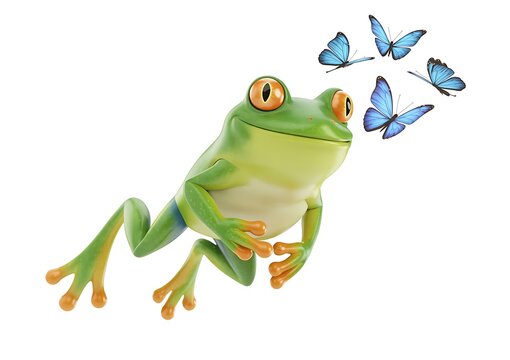 Frog looks at butterflies fluttering in the air.