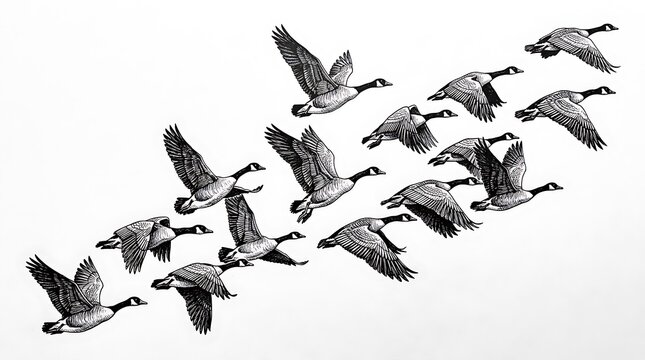 Flock of wild canada geese flying in formation in black and white with v shape