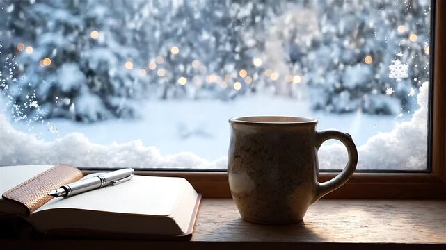 Cozy Mug and Notebook Scene Transitioning Through Falling Snow Outside a Window. Gentle Snowfall Animation with Warm Lighting.